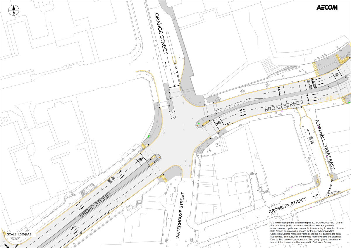 Drawing showing proposals for changes to the layout and crossings around the junction of Broad Street and Orange Street. These proposals connect with those for the A629 north Orange Street roundabout to Ogden project in the area north of this drawing.